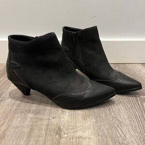 Black Wingtip Suede Kitten Heel Booties